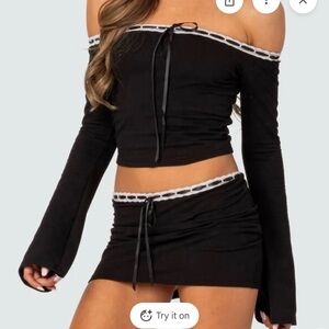 Edikted Seline Black Mini Skirt Set with White Trim